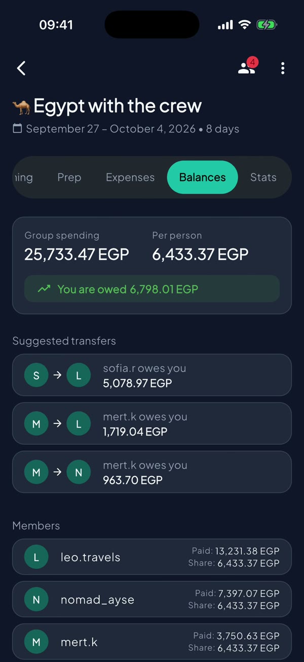 Group balances with suggested transfers