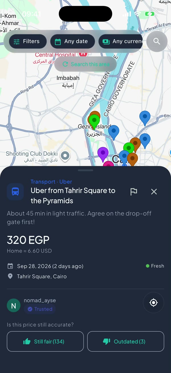 Map of Cairo with price pins and a taxi fare card