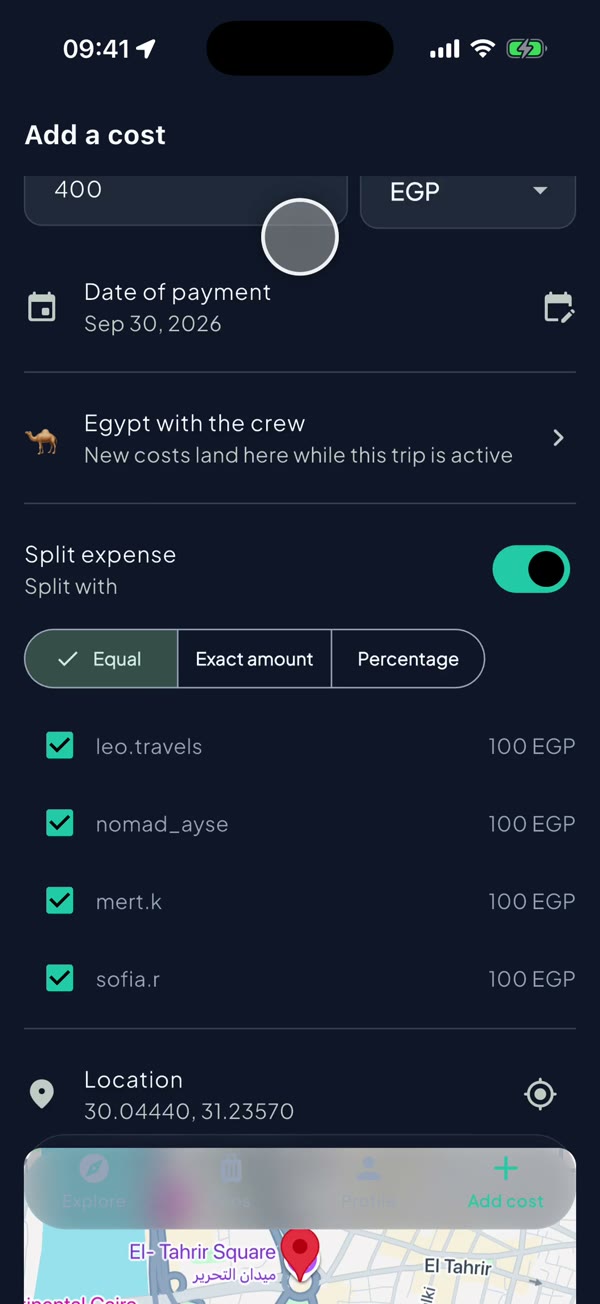 Add a cost screen splitting 400 EGP between four friends